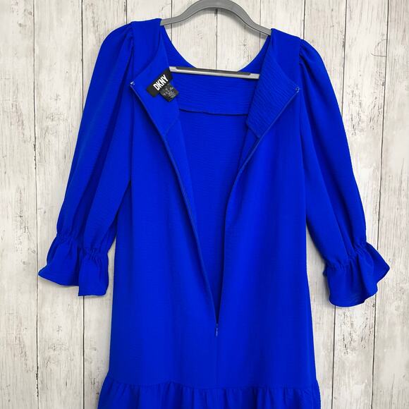 DKNY Royal Blue Ruffled Hem Balloon Sleeve Knee Length Lightweight Dress 12 - Picture 3 of 8